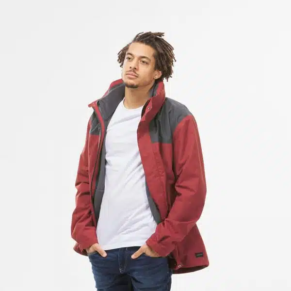 CHAQUETA 3 EN 1 IMPERMEABLE TREKKING FORCLAZ TRAVEL 100 HOMBRE ROJO OPACO (0 °C)