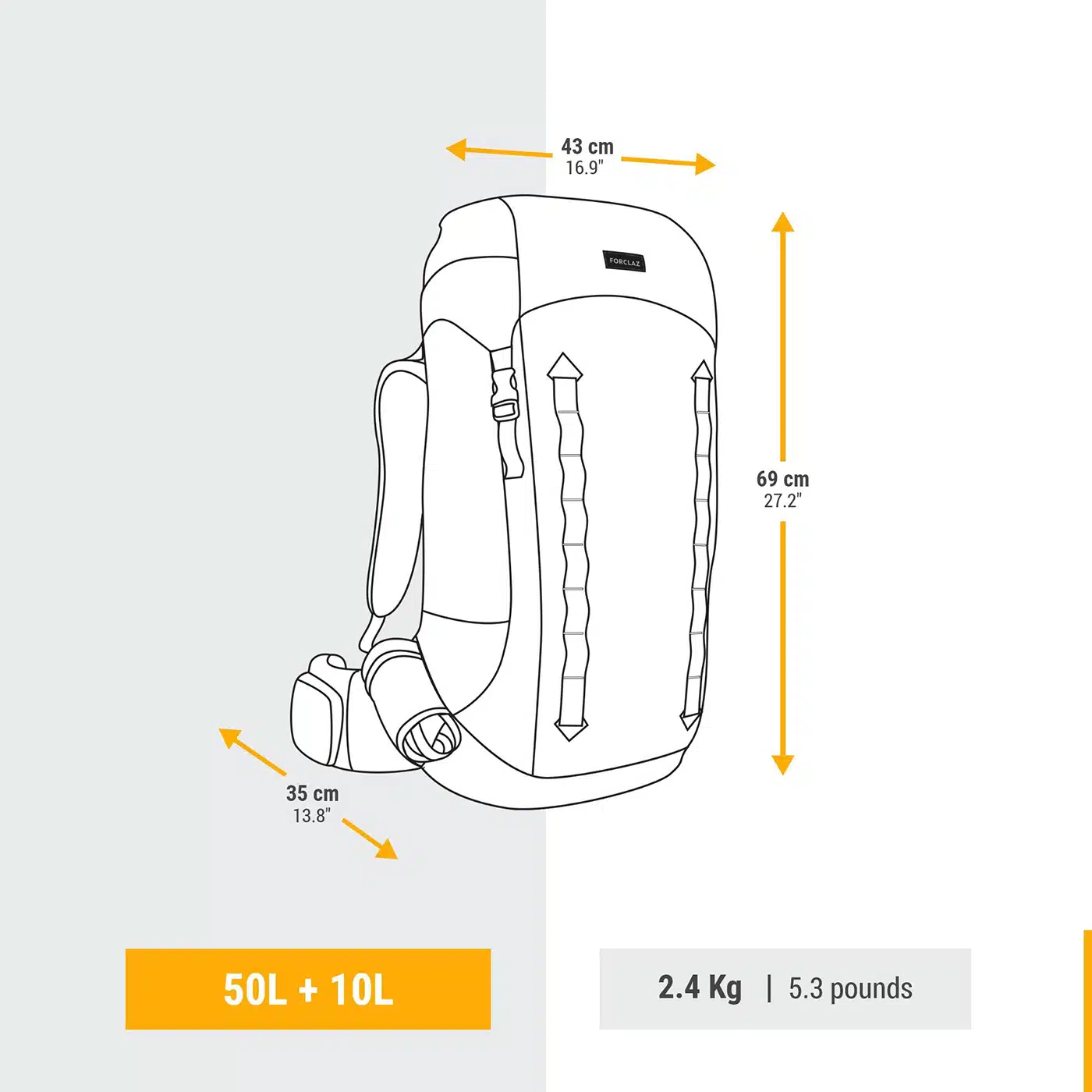 MOCHILA MONTAÑA Y TREKKING 50L+10L FORCLAZ SYMBIUM , FUNDA IMPERMEABLE GRIS - 50+10L - Imagen 5