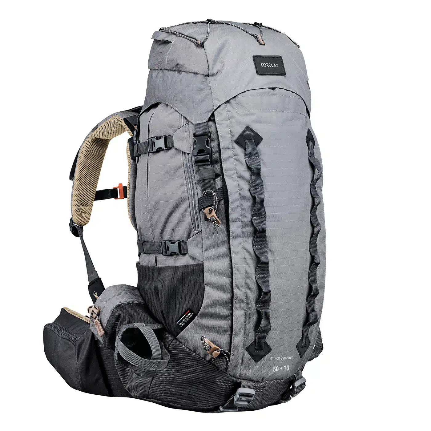 MOCHILA MONTAÑA Y TREKKING 50L+10L FORCLAZ SYMBIUM , FUNDA IMPERMEABLE GRIS - 50+10L