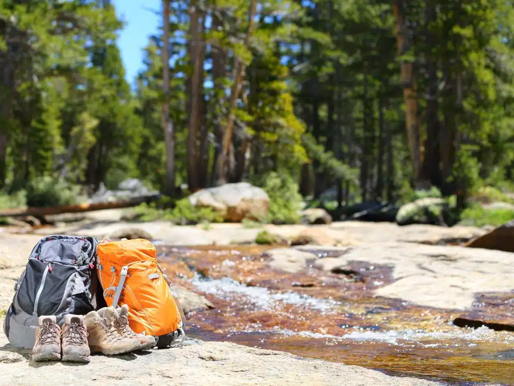 Detalle de los compartimentos y sistema de ajuste de una mochila Quechua para trekking